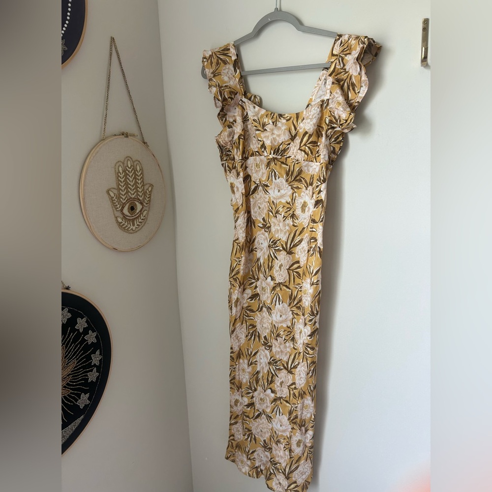 Madewell cream brown Floral Ruffle Sleeve Slip Dress